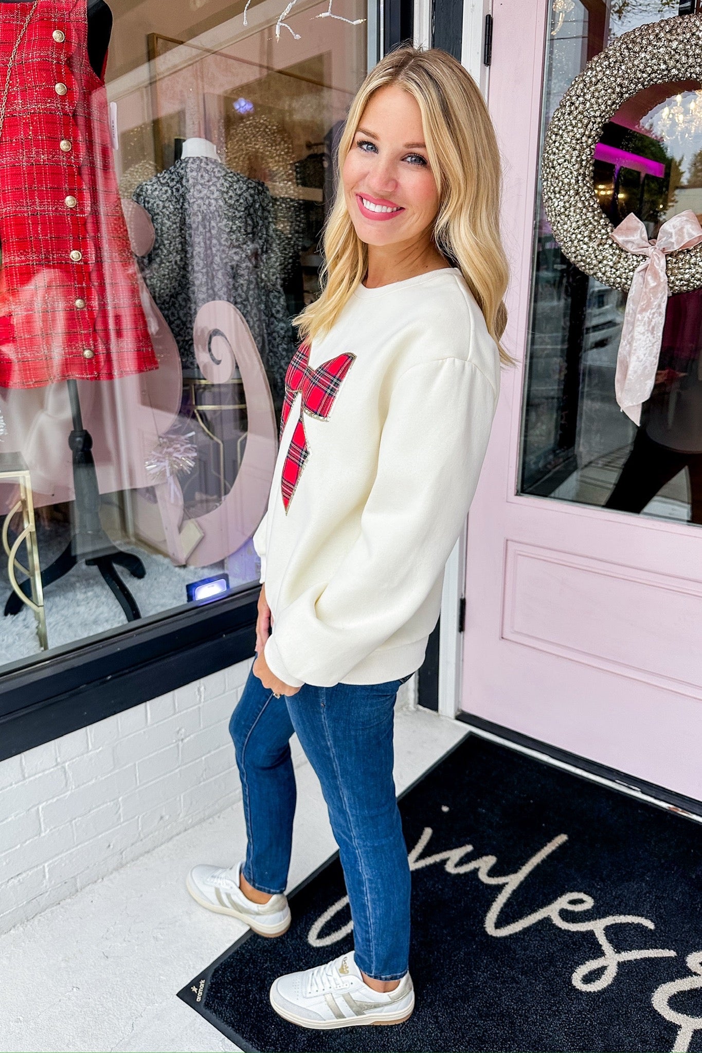 Sequin Outlined Tartan Plaid Coquette Bow Cream Sweater