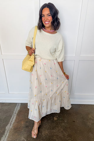 Spring Floral Swiss Dot Midi Skirt