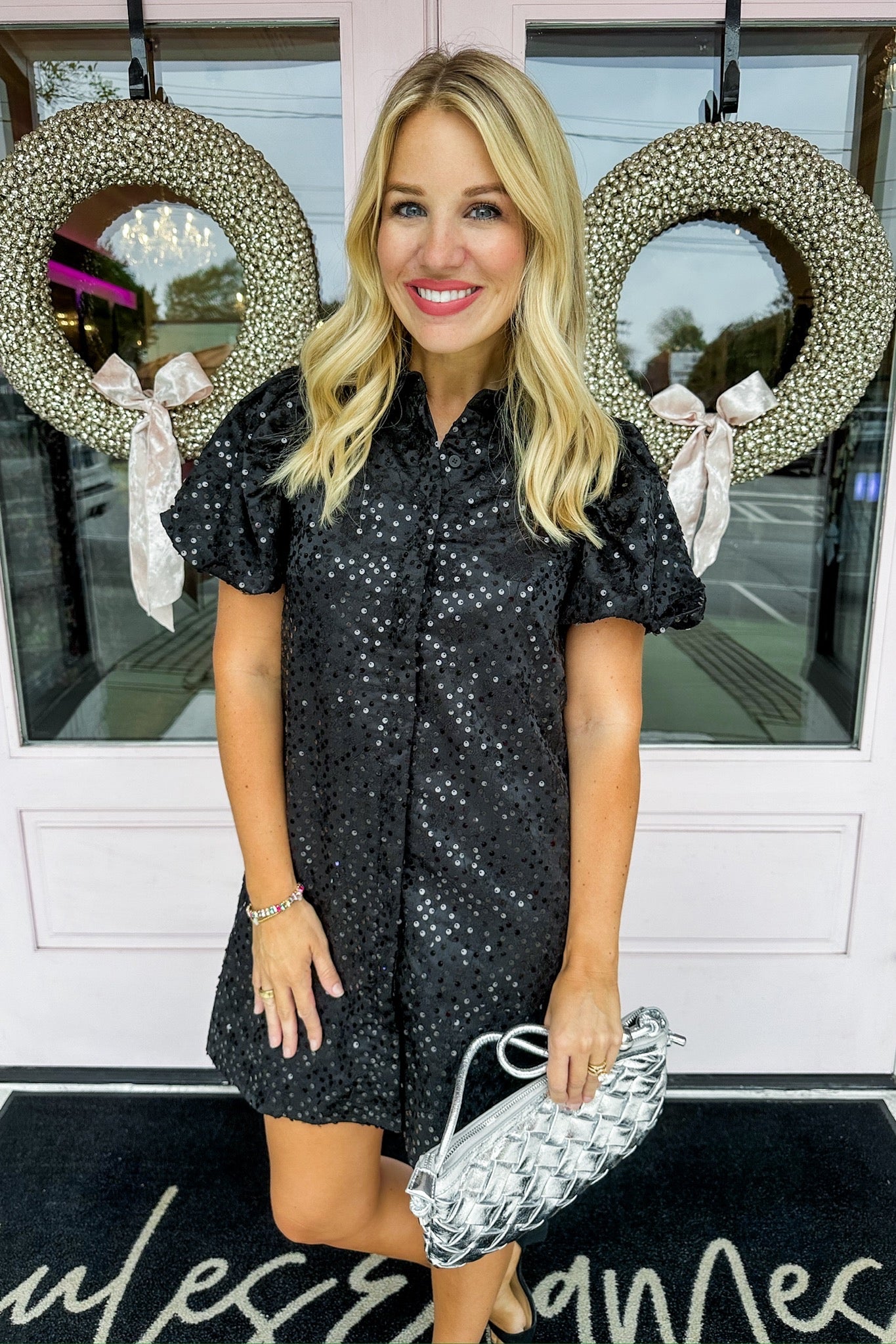 Black Sequin Collared Button Down Shift Dress