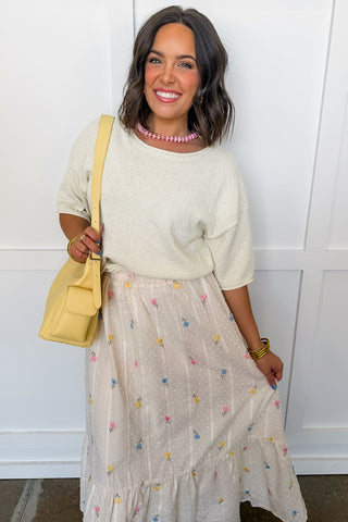 Spring Floral Swiss Dot Midi Skirt