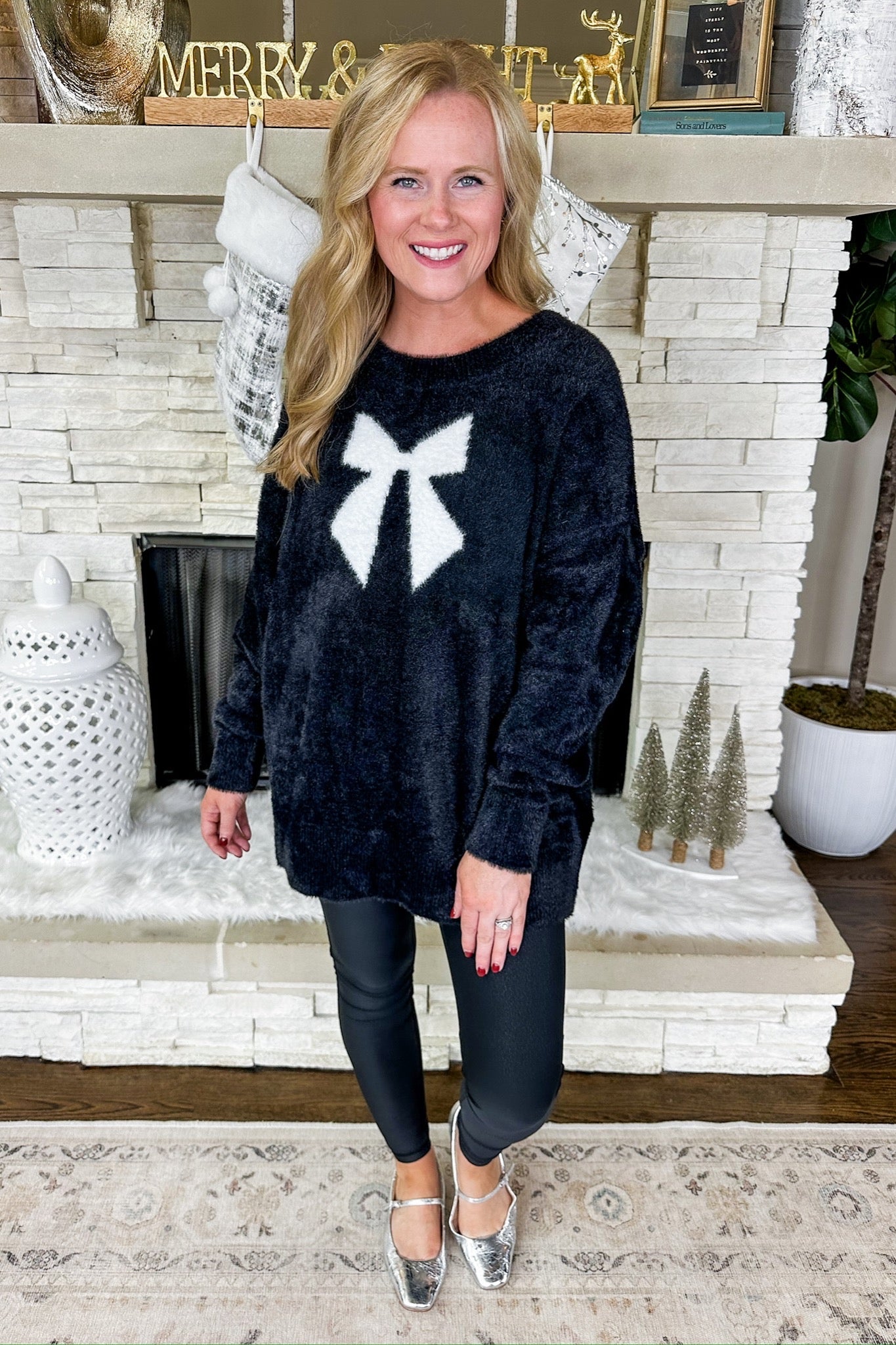 Oversized White Coquette Bow Black Sweater