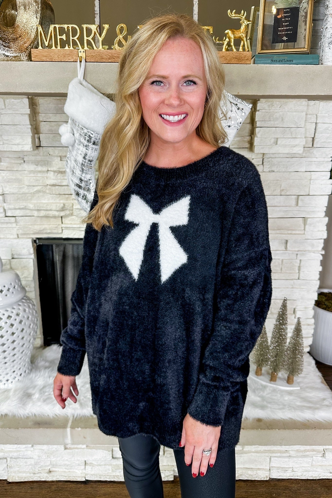 Oversized White Coquette Bow Black Sweater