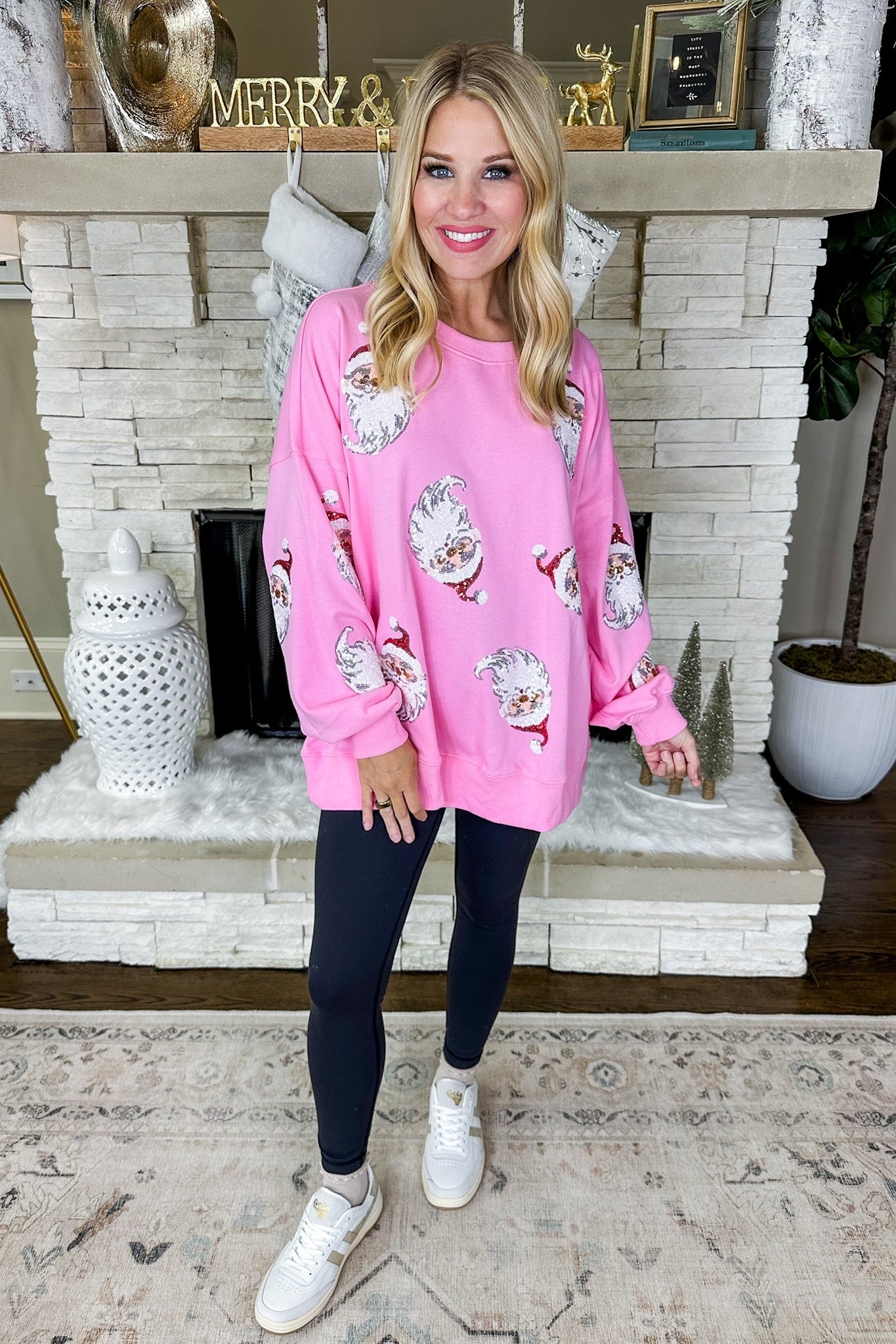 Oversized Sequin Santa Patch Long Sleeve Top in Pink