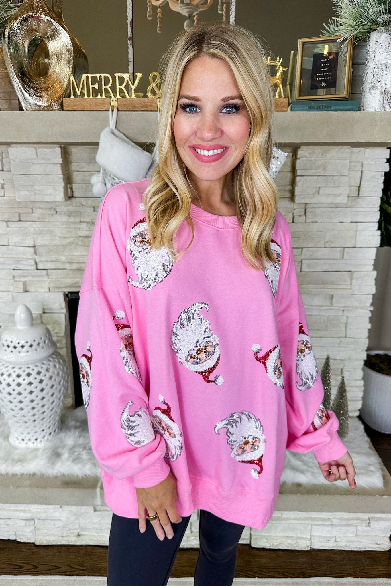 Oversized Sequin Santa Patch Long Sleeve Top in Pink