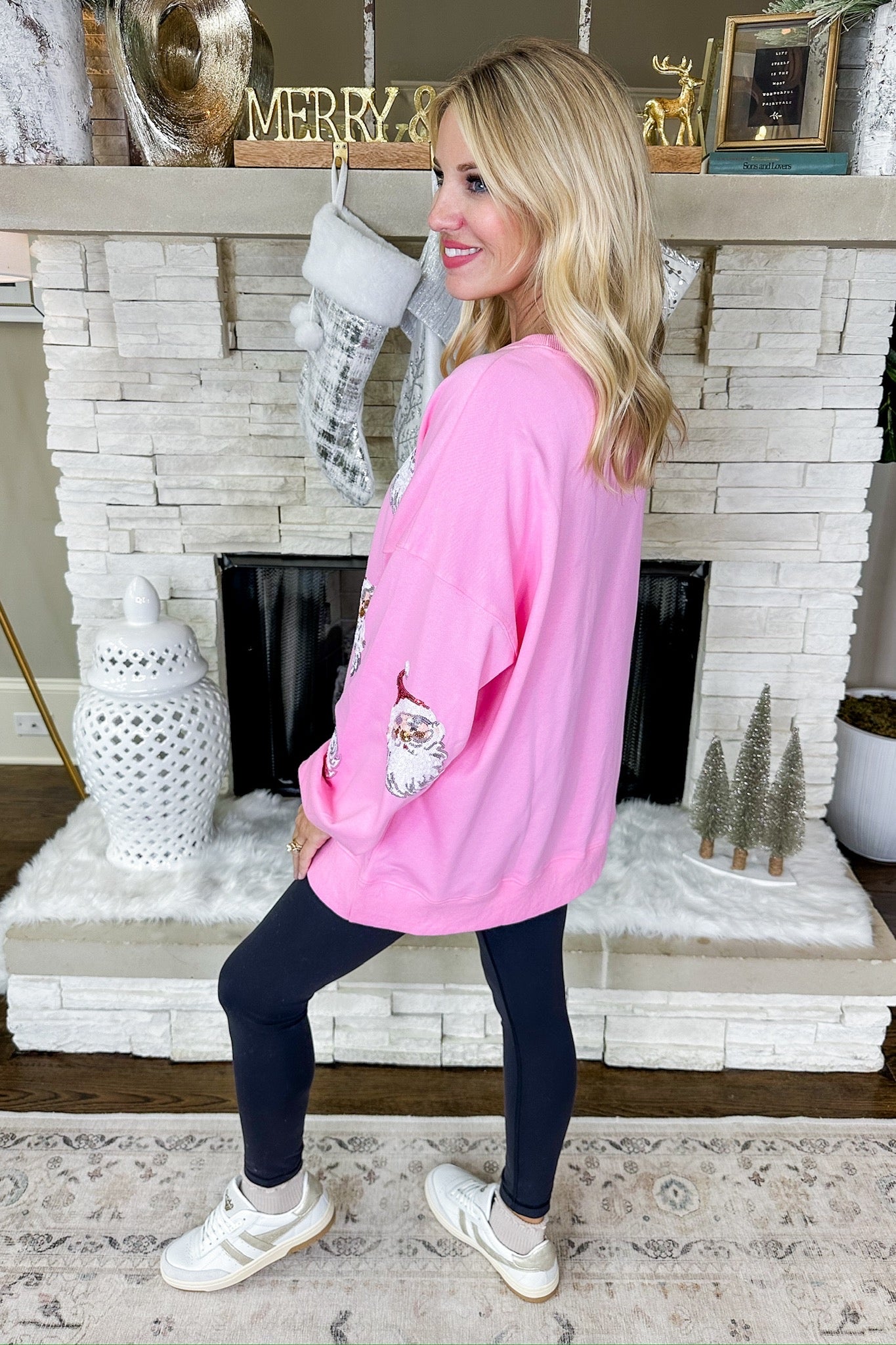 Oversized Sequin Santa Patch Long Sleeve Top in Pink