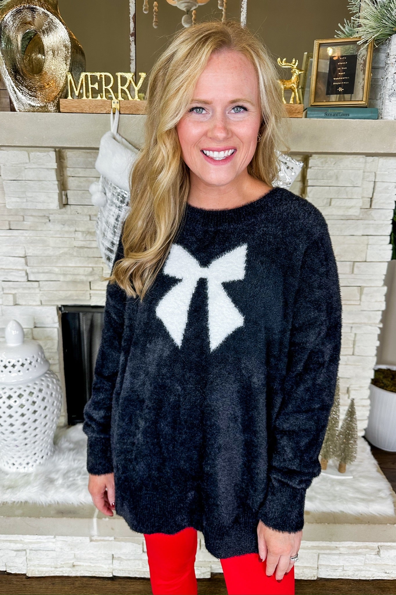 Oversized White Coquette Bow Black Sweater