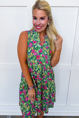 The Lizzy Tiered Pocket Dress in Green Floral