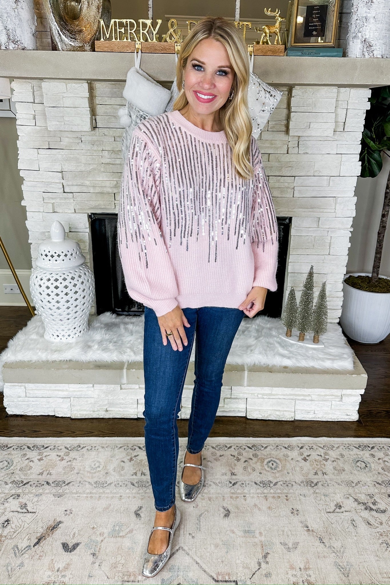 Silver Waterfall Sequin Light Pink Knit Sweater