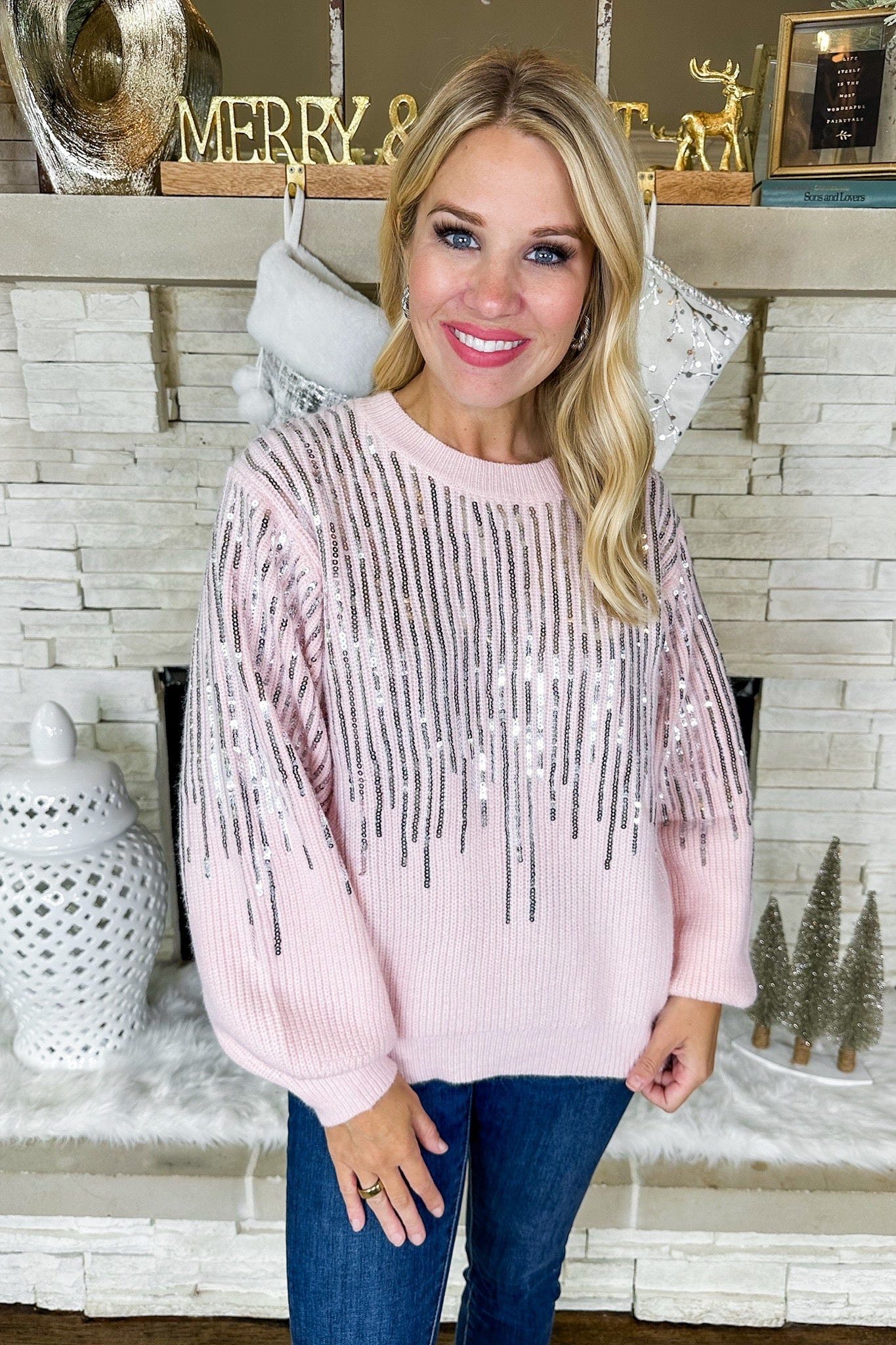 Silver Waterfall Sequin Light Pink Knit Sweater