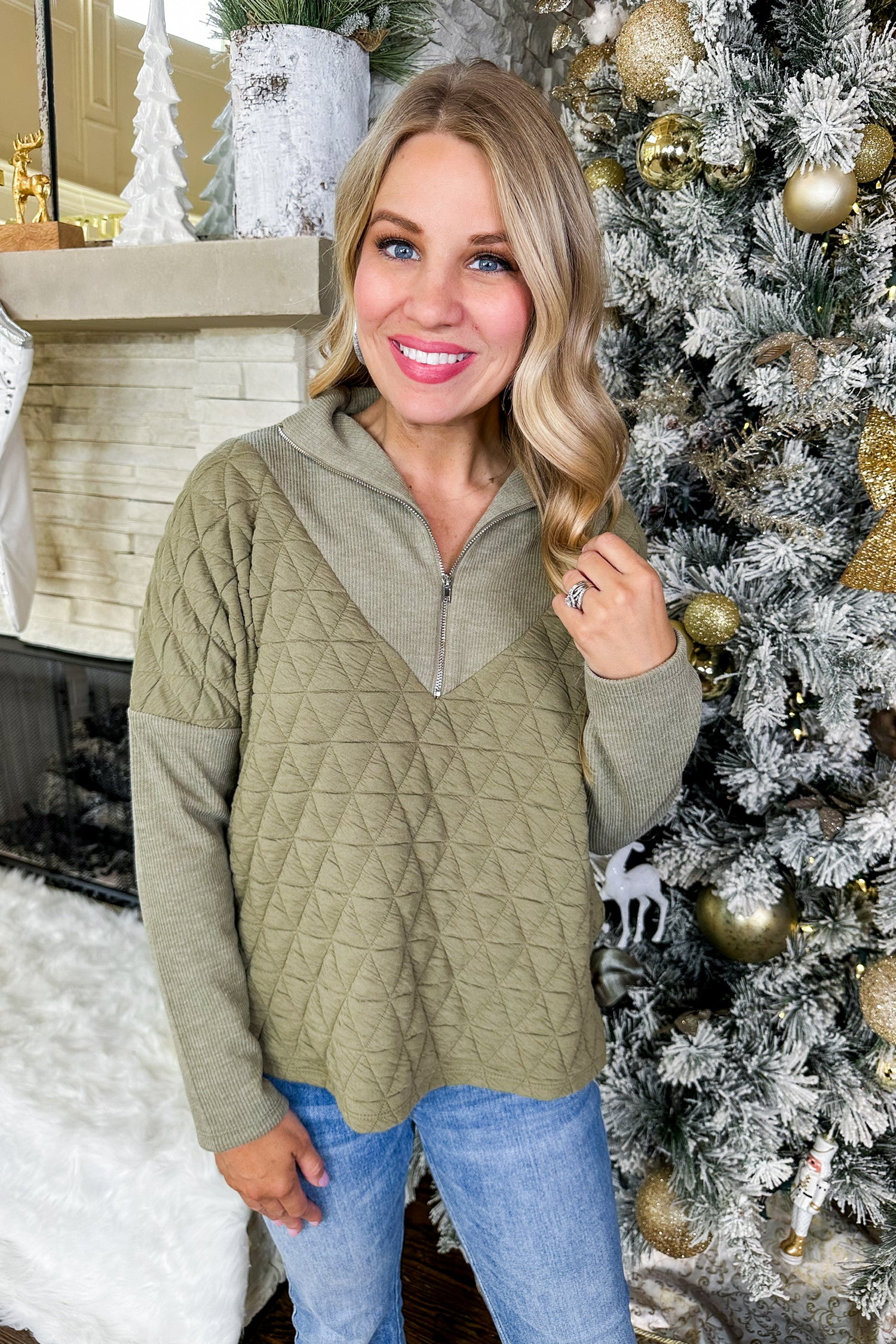 Quilted Quarter Zip Pullover in Olive by THML
