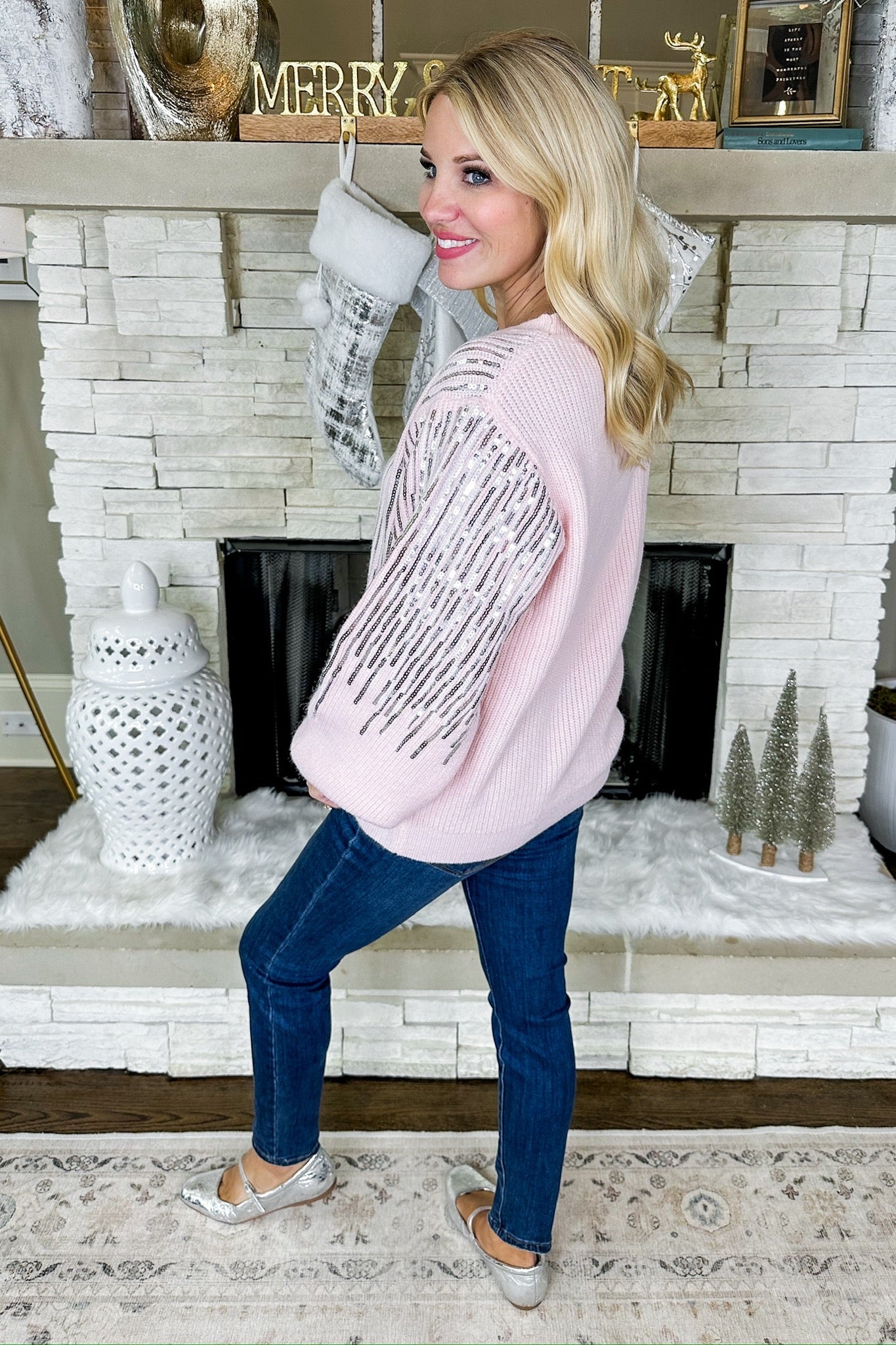 Silver Waterfall Sequin Light Pink Knit Sweater