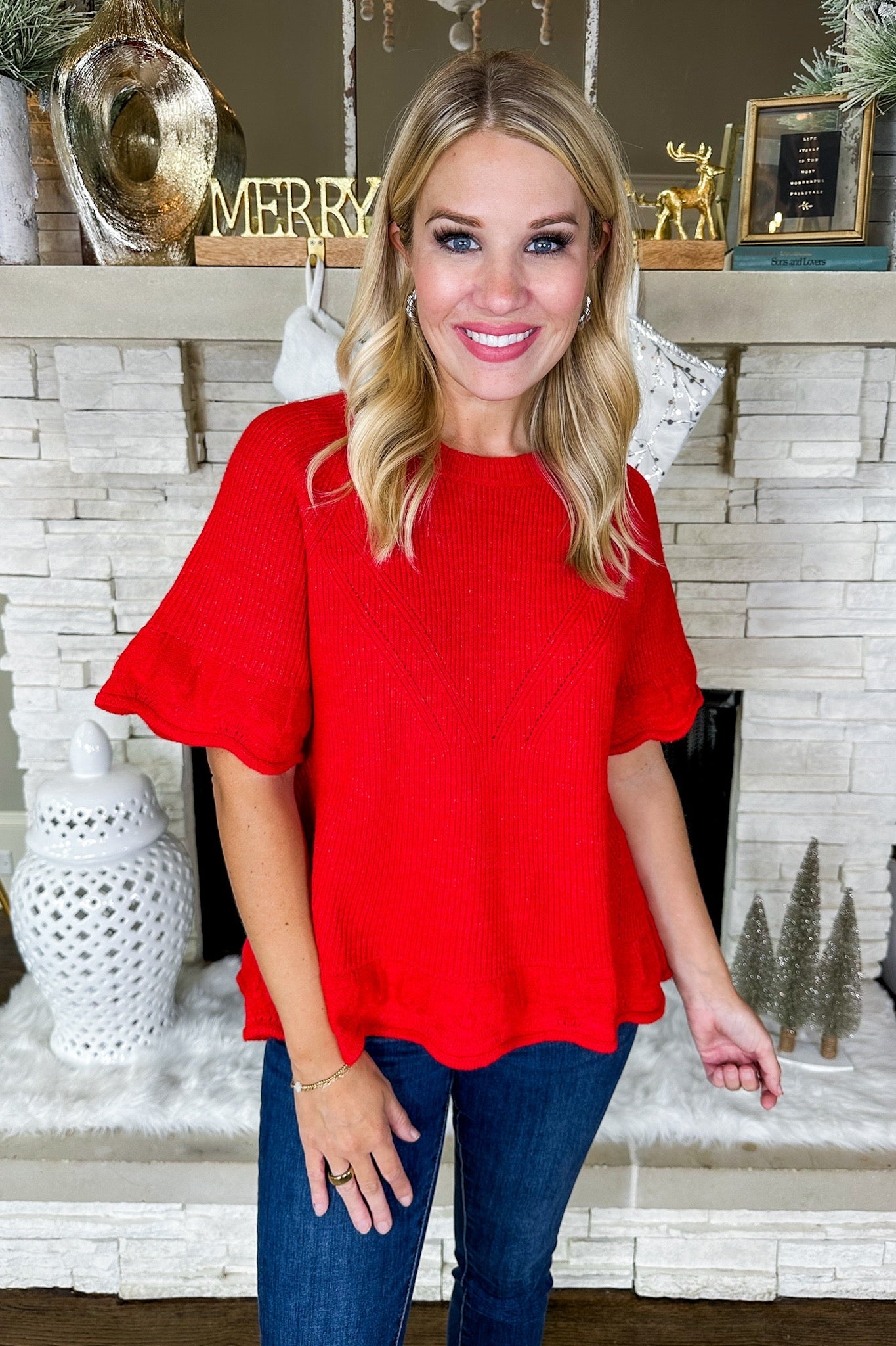 Flirty Scallop Trim Red Knit Sweater Top