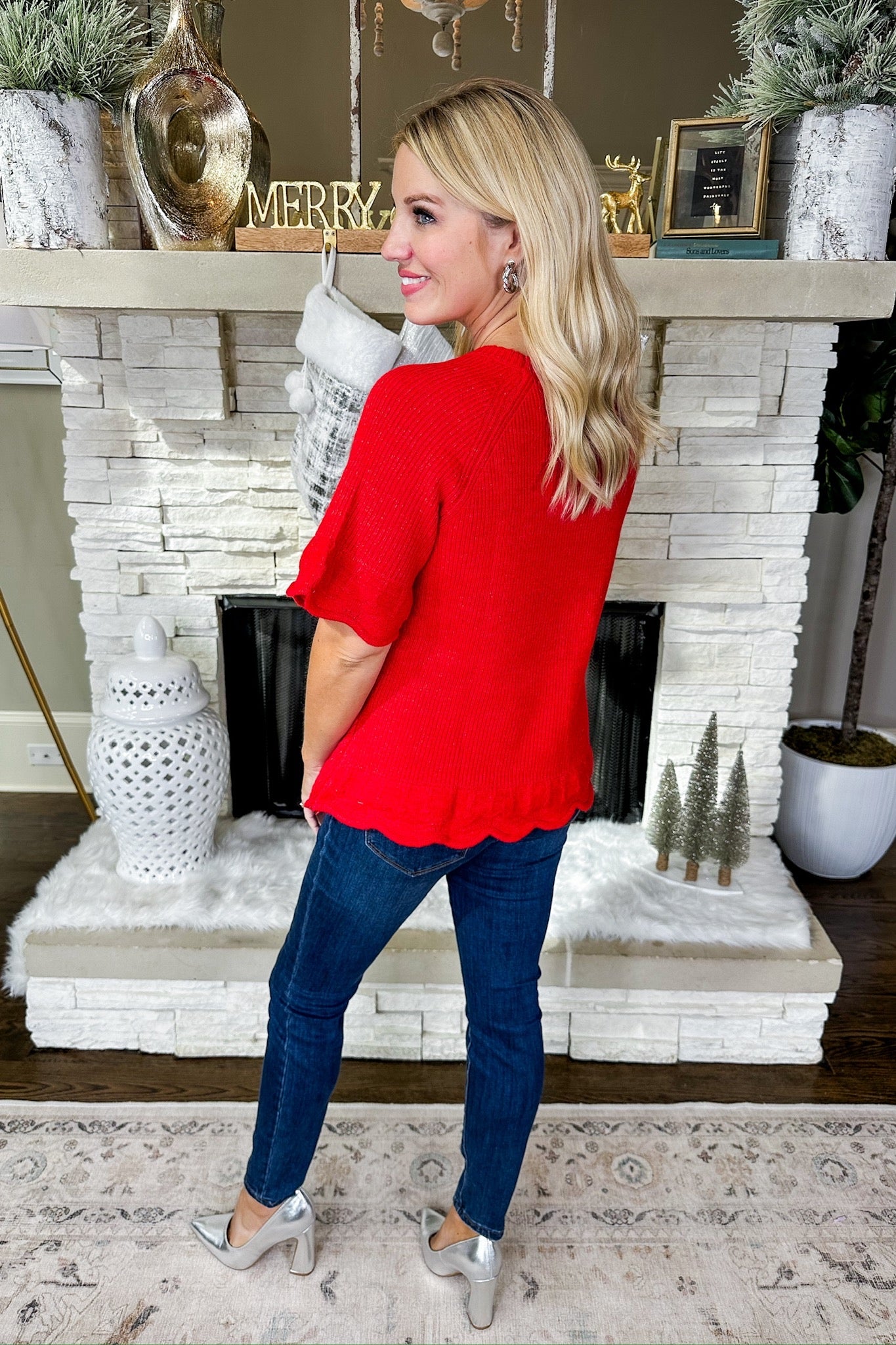 Flirty Scallop Trim Red Knit Sweater Top