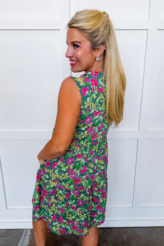 The Lizzy Tiered Pocket Dress in Green Floral