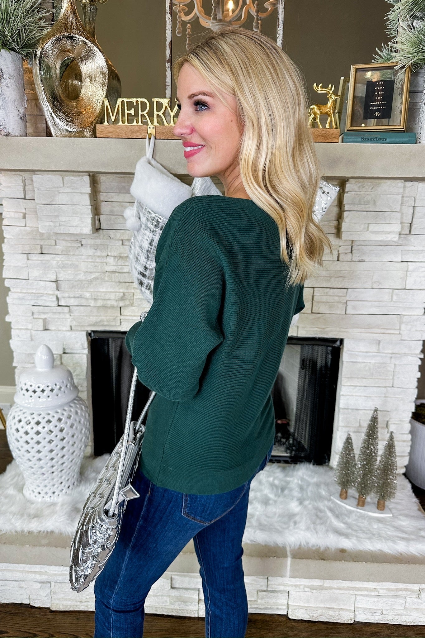 Fitted Boat Neck Ribbed Sweater in Dark Green