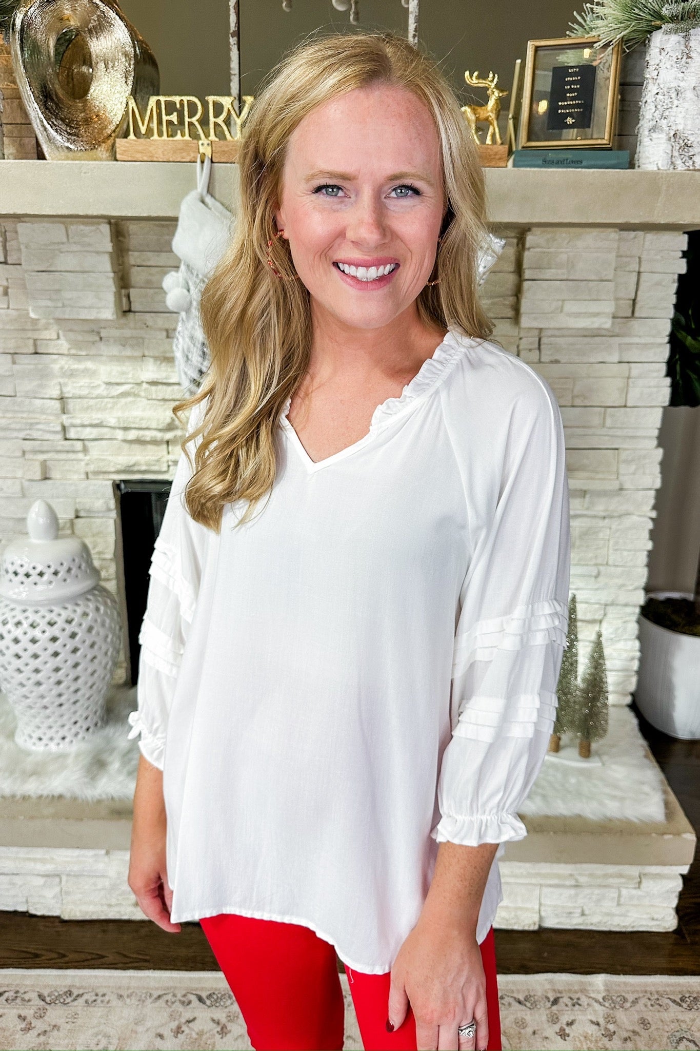 Black Friday Deal - The Ginger Ruffle Details Notched Neck Top Ivory