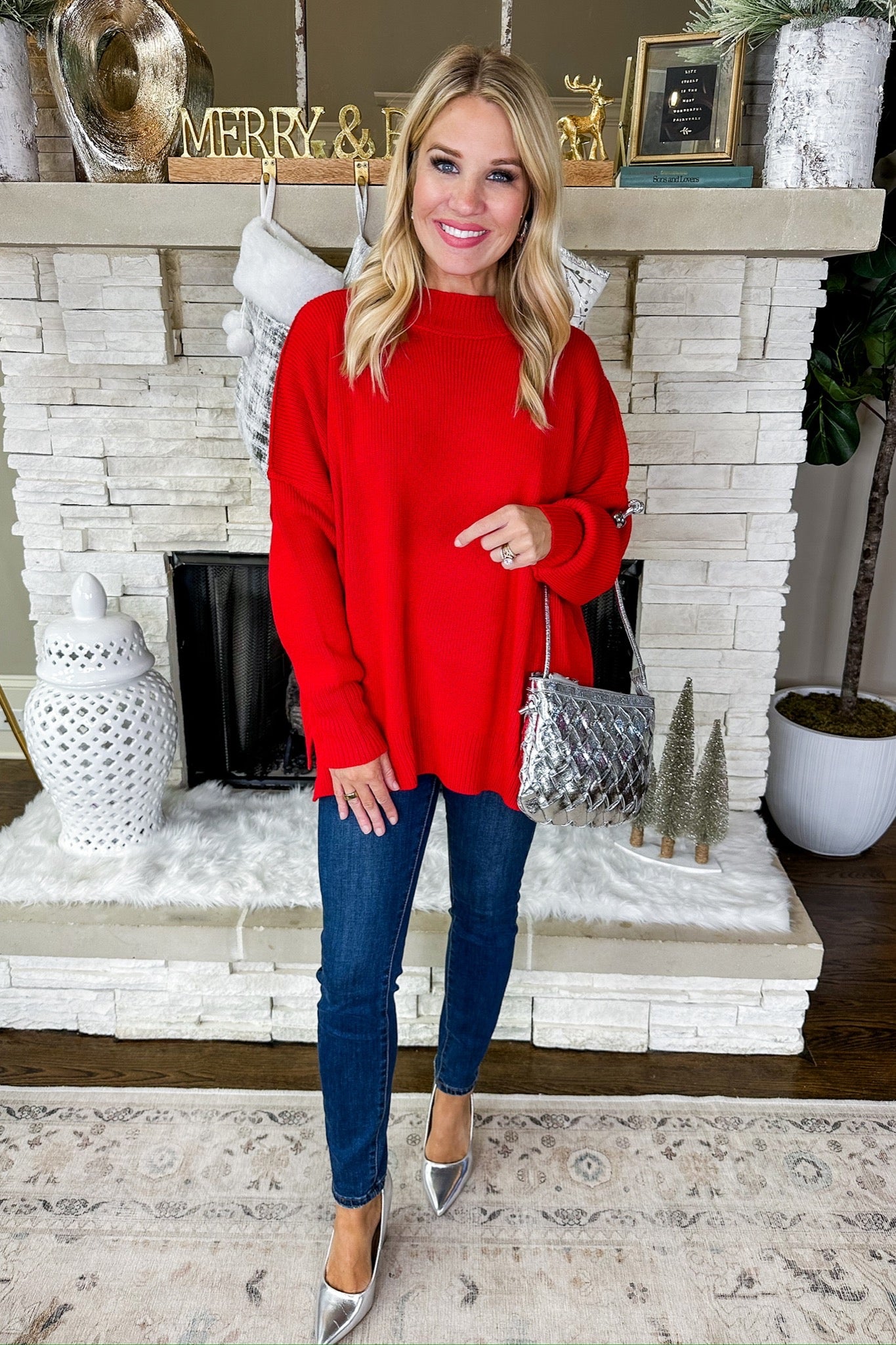 Oversized Exposed Seam Drop Shoulder Sweater in Red