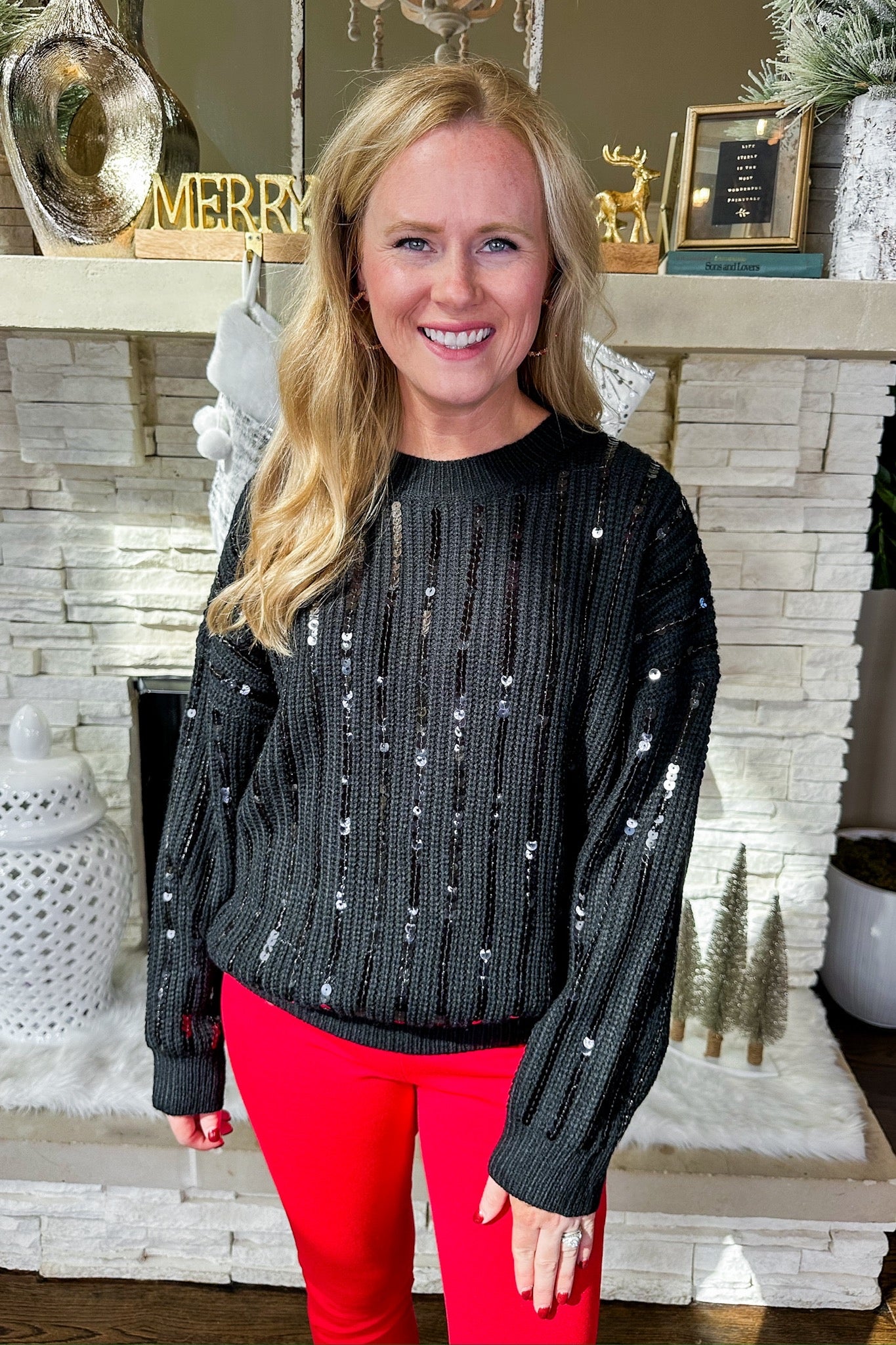 Sequin Striped Drop Shoulder Knit Sweater in Black