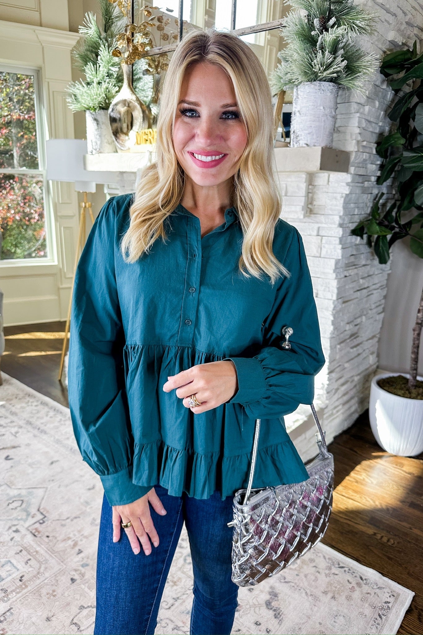 Half Button Down Tiered Babydoll Collared Top in Hunter Green