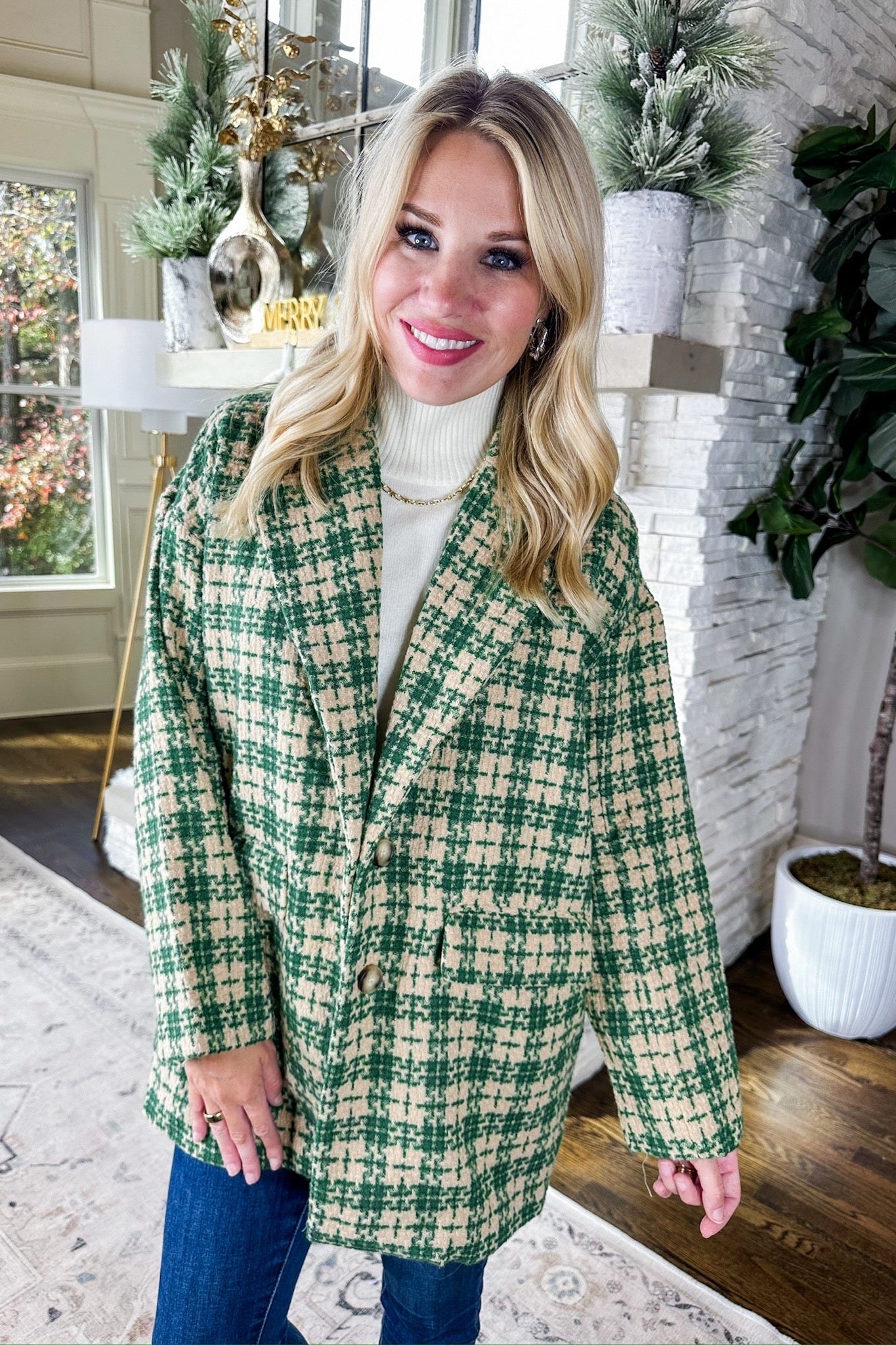 Tweed Green/Taupe Pocketed Collared Blazer