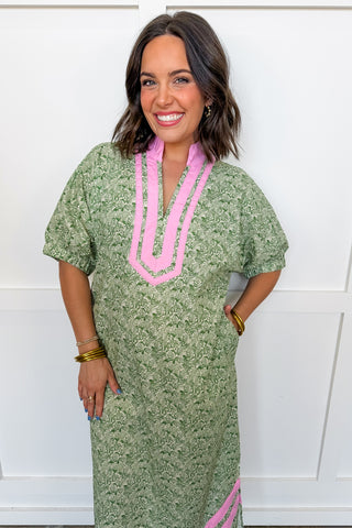 The Palm Grove Trim Midi Dress in Green