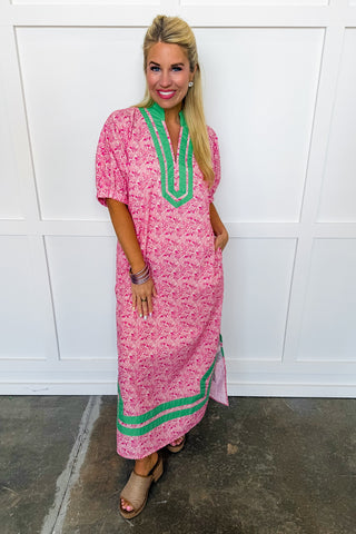 The Palm Grove Trim Midi Dress in Pink