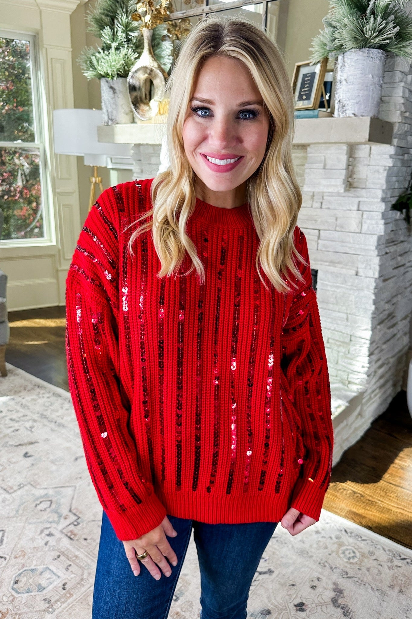 Sequin Striped Drop Shoulder Knit Sweater in Red