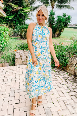 Halter Neck Mediterranean Print Midi Dress