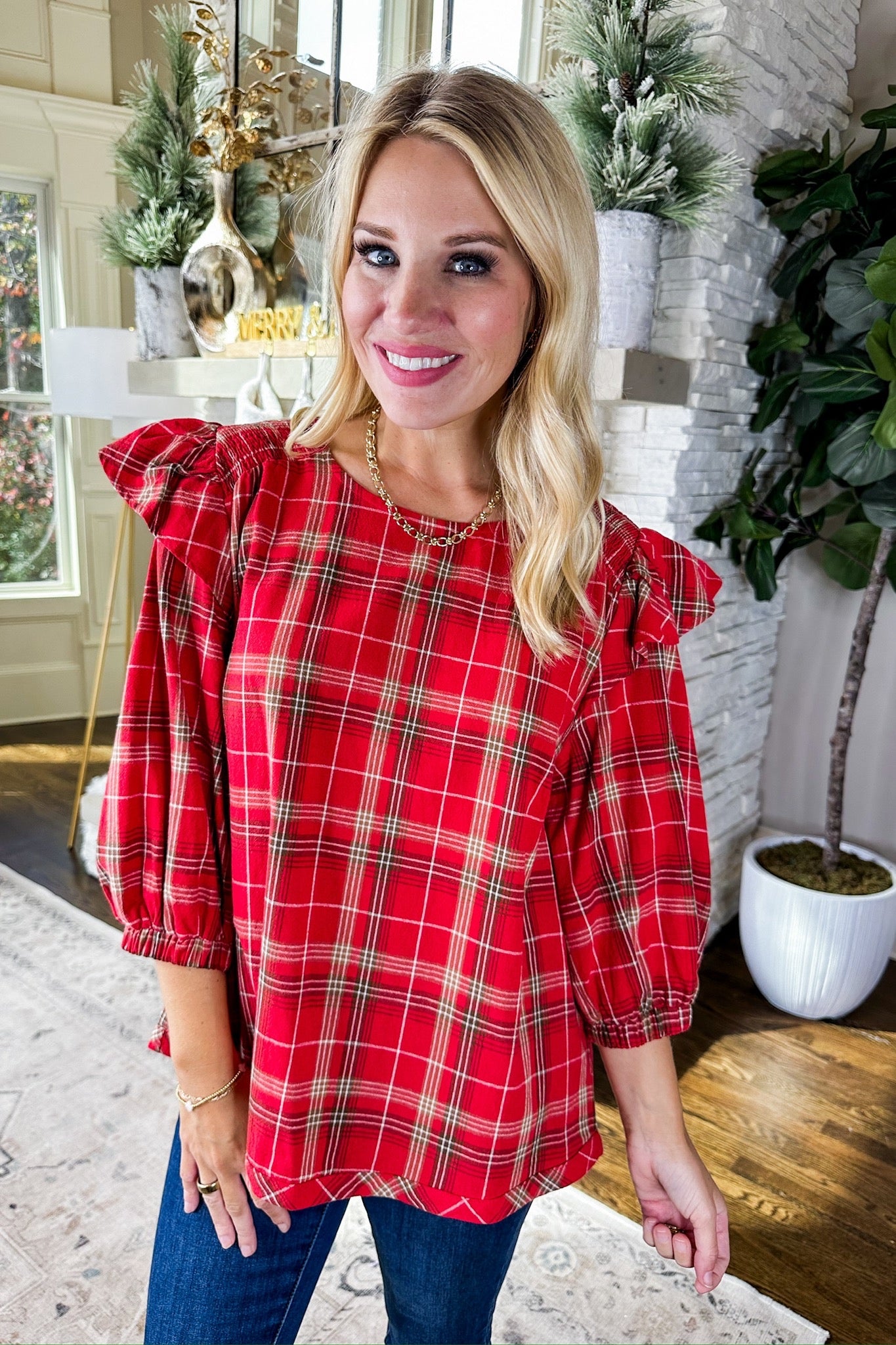 Ruffle Bubble Sleeve Red Plaid Scoop Neck Top