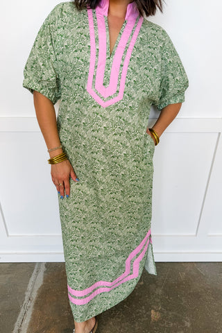 The Palm Grove Trim Midi Dress in Green