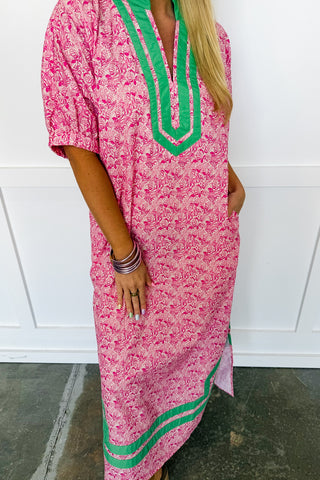 The Palm Grove Trim Midi Dress in Pink