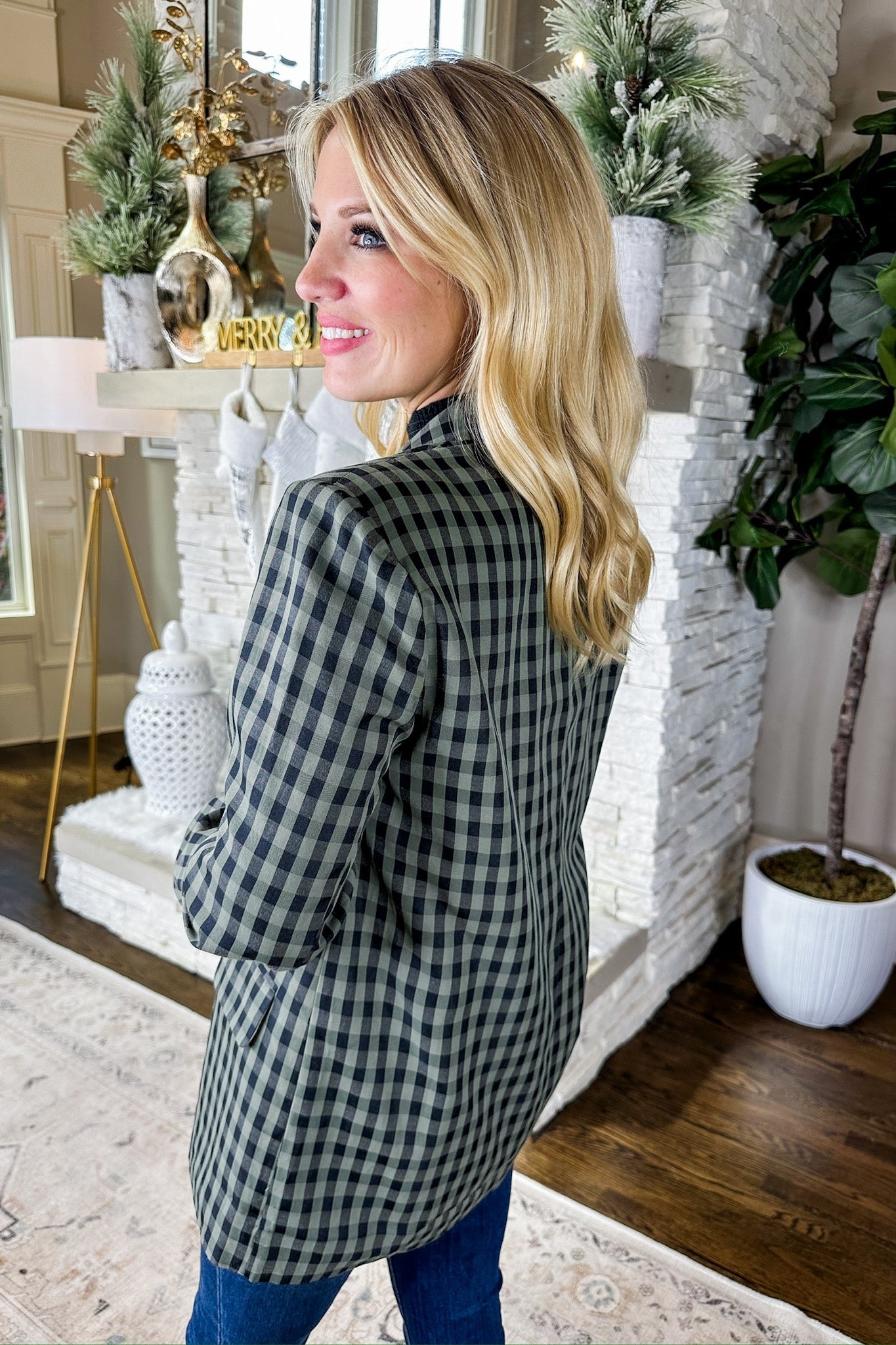 Green/Black Gingham Print Pocketed Button Blazer