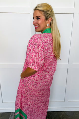 The Palm Grove Trim Midi Dress in Pink