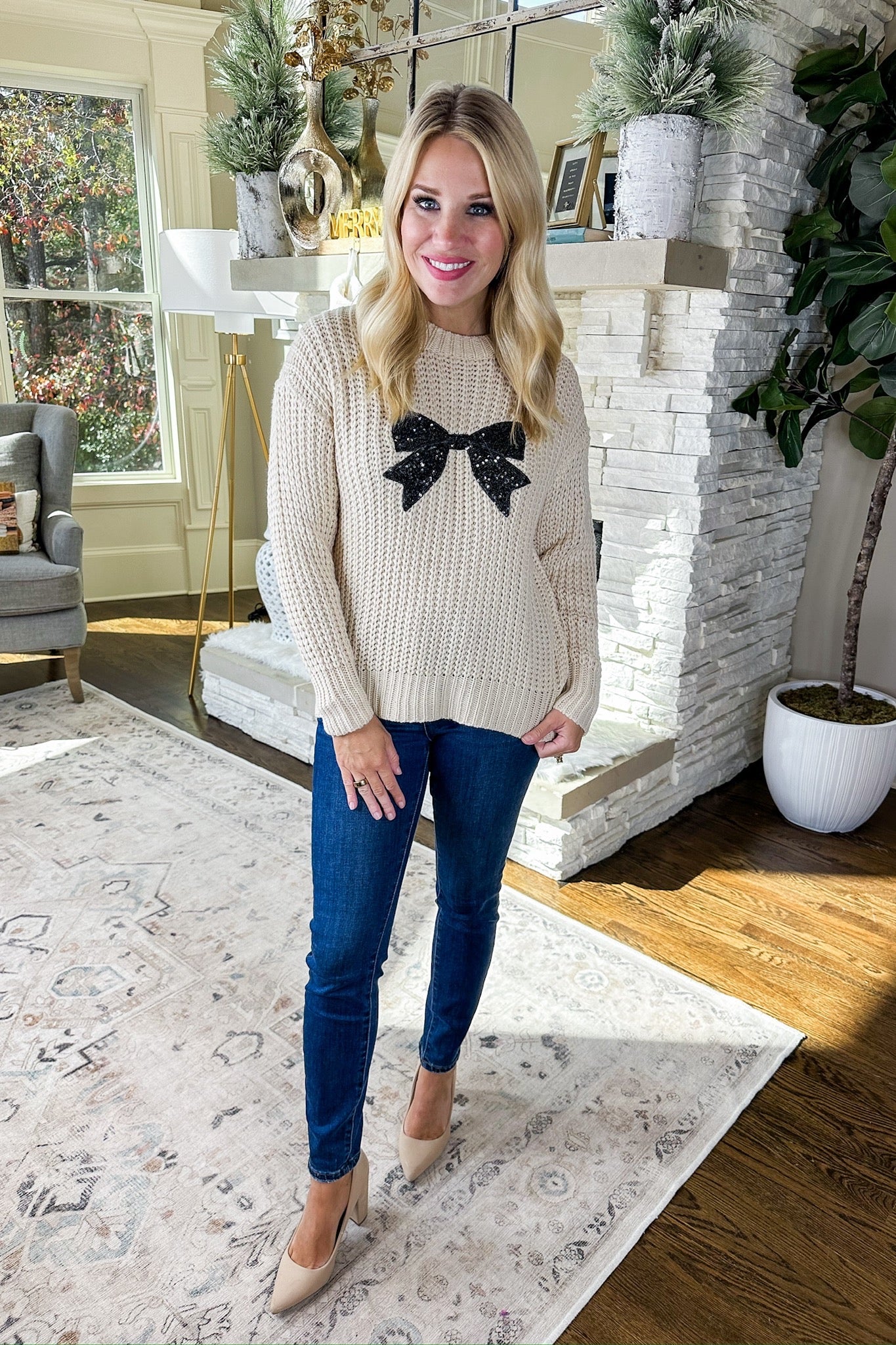 Black Sequin Coquette Bow Oatmeal Knit Sweater