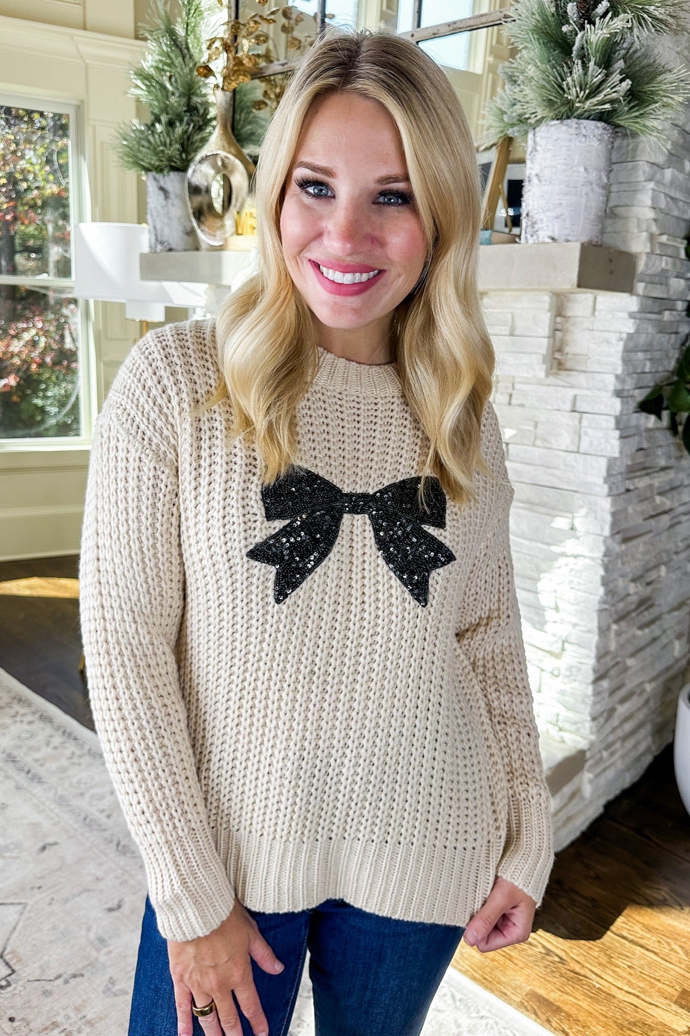 Black Sequin Coquette Bow Oatmeal Knit Sweater