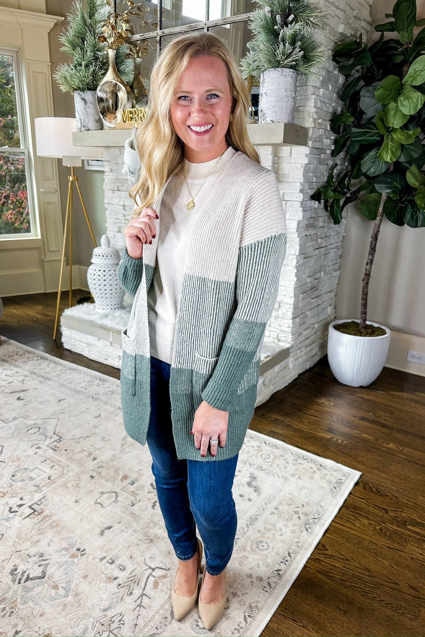 Cozy Ribbed Green Color Block Pocketed Cardigan