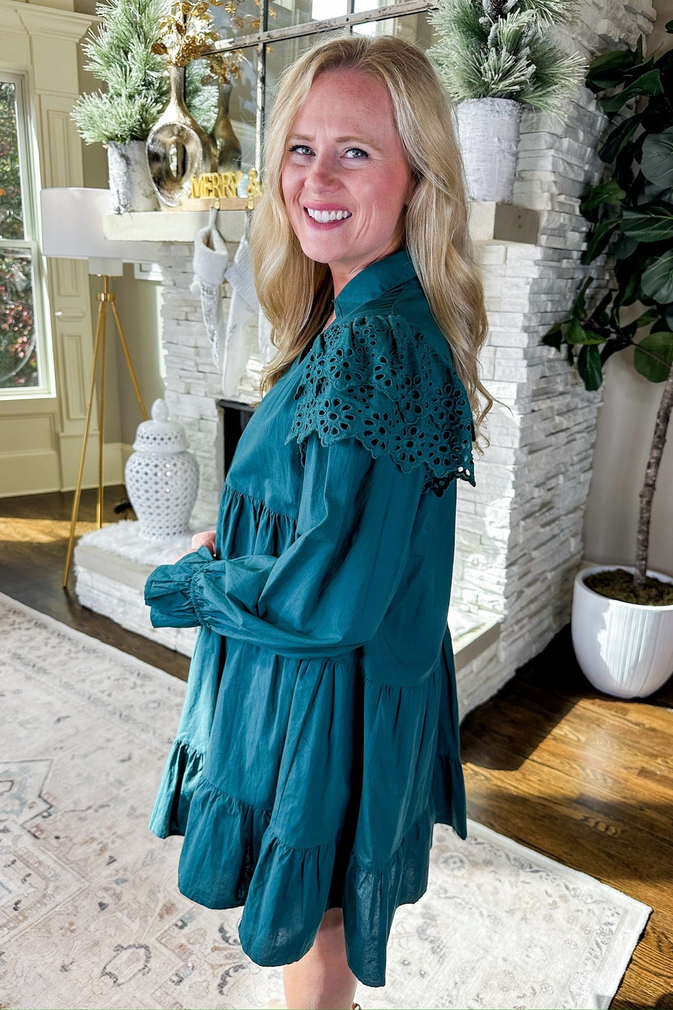 Eyelet Ruffle Sleeve Collared Tiered Long Sleeve Dress in Hunter Green