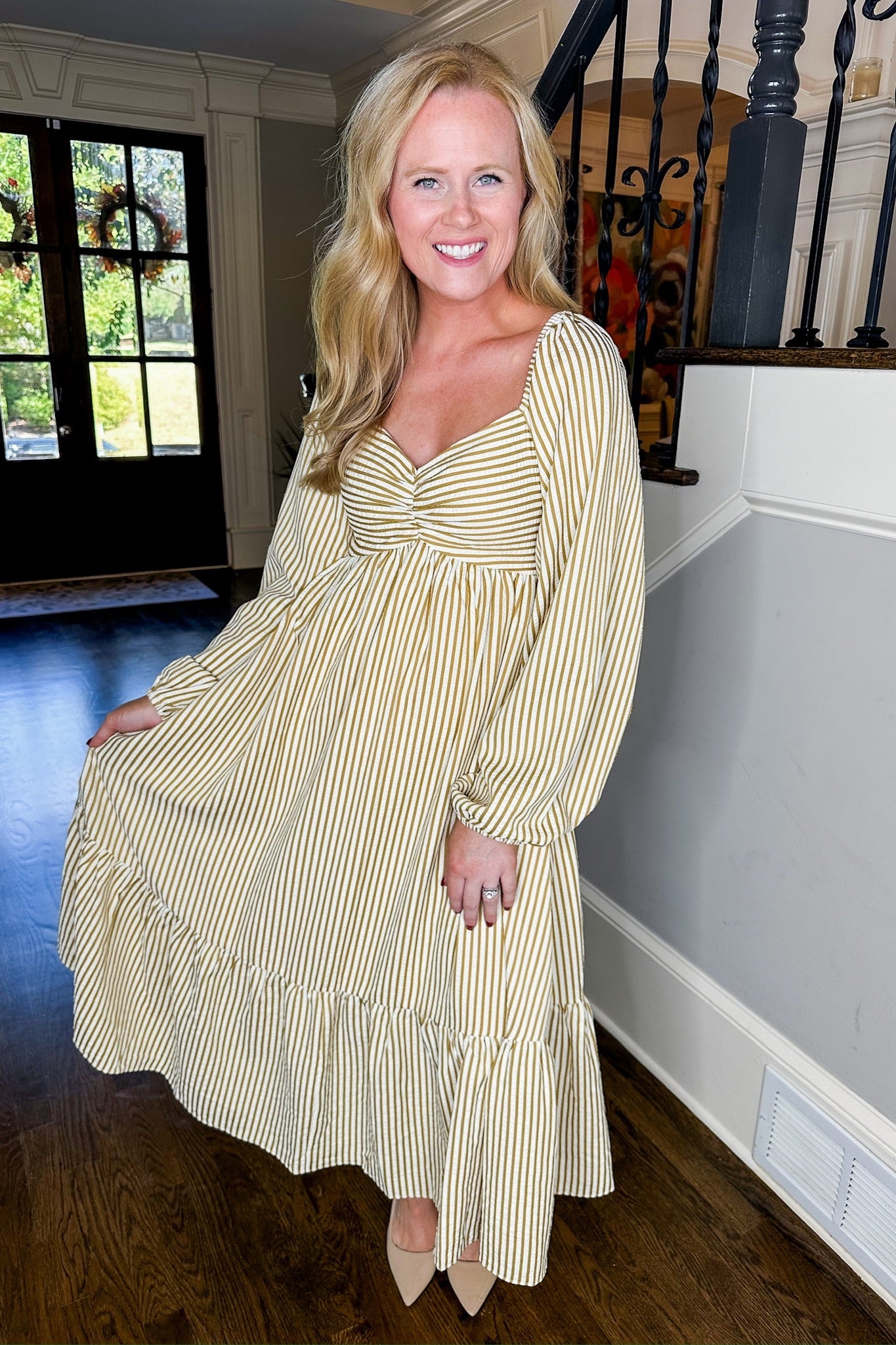 Pin Stripe Cinched Sweetheart Midi Dress in Mustard