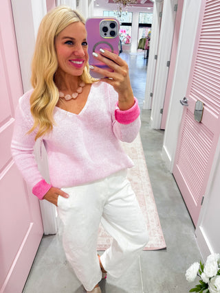 Reverse Pigmented Soft Rose V-Neck Lightweight Sweater