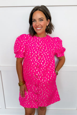 Barbie Hot Pink Jacquard Dress With Gold Metallic Cheetah