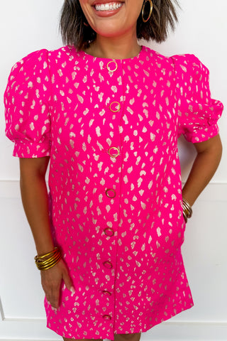 Barbie Hot Pink Jacquard Dress With Gold Metallic Cheetah Jules & James Boutique Barbie Hot Pink Jacquard Dress With Gold Metallic Cheetah Jules & James Boutique