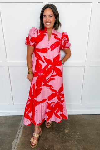 Southern Eyelet Details Pink Midi Dress