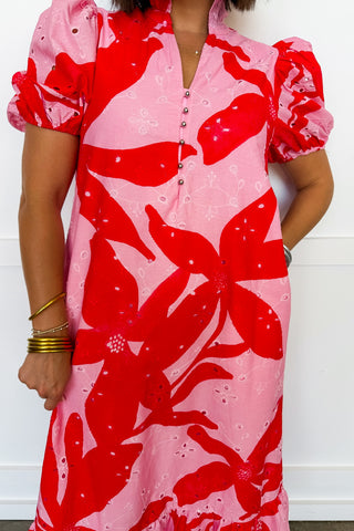 Southern Eyelet Details Pink Midi Dress