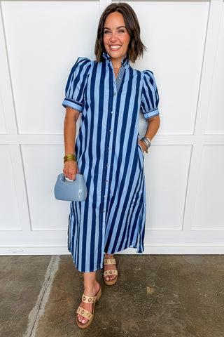 navy blue and white striped midi dress Veronica Beard Ella Striped Midi Dress | Navy|Dove White