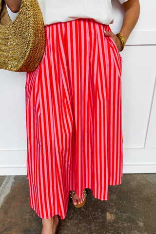 Sunlit Stroll Stripe Midi Skirt in Orange & Pink