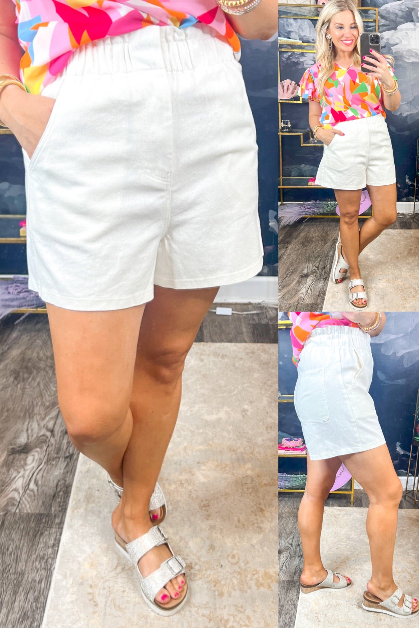 Elastic Paperbag Waist Shorts in White