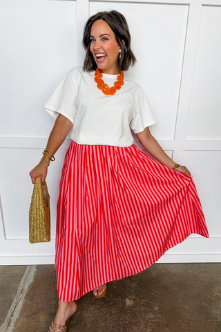 Sunlit Stroll Stripe Midi Skirt in Orange & Pink