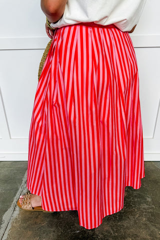Sunlit Stroll Stripe Midi Skirt in Orange & Pink