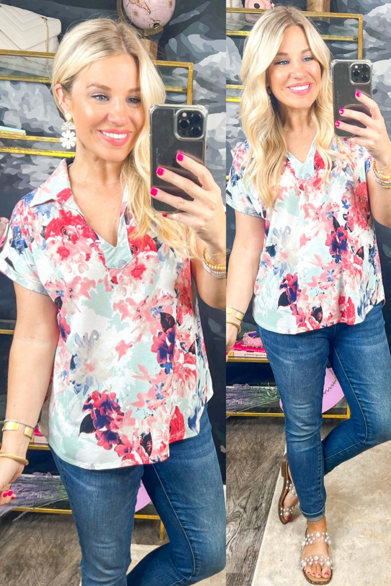 Non-Wrinkle Collared Floral Top
