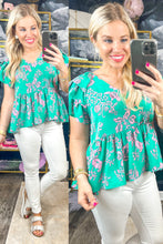 Load image into Gallery viewer, Ruffle Sleeve Paisley Peplum Top in Mint
